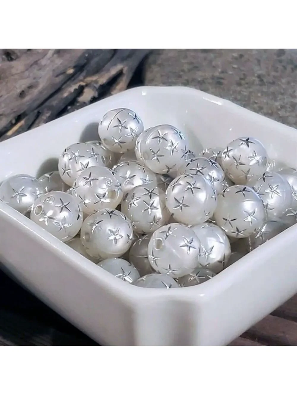 10 Vintage Retro Gray Silver Stars 12mm Round Acrylic Shabby Chic Beads